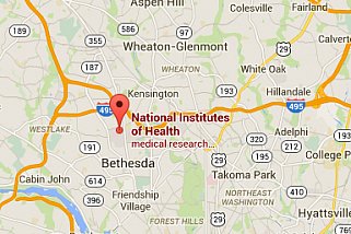 Google map showing the location of the NIH headquarters in Bethesda, MD.