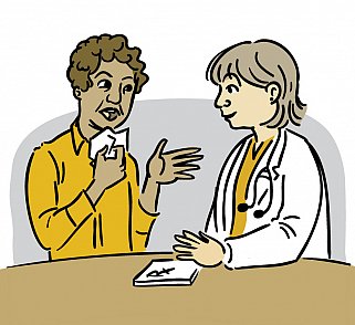Illustration of a woman clutching a tissue near her face while talking with her doctor, who has a prescription pad handy