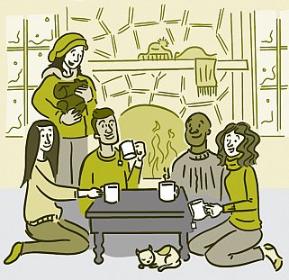 Adult friends enjoying warm fire and hot beverages Adult friends enjoying warm fire and hot beverages