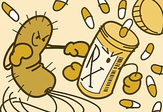 Illustration of bacteria and medication bottle boxing