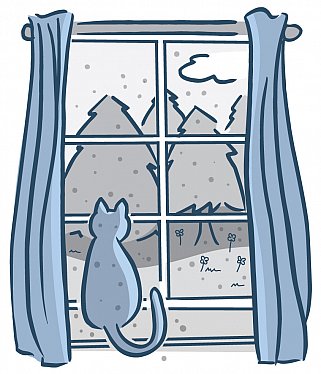 Illustration of cat sitting on a windowsill looking out at trees, flowers, and specks of pollen