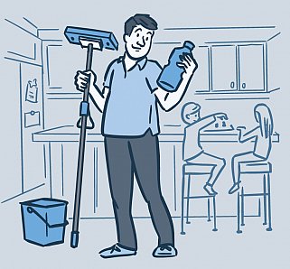 Illustration of a dad holding a mop and reading the label on a bottle of cleaning fluid in a kitchen