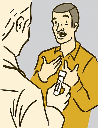 Illustration of a doctor holding a vial of blood while talking with a patient