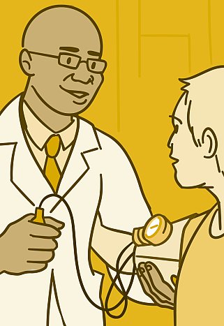 Illustration of a doctor taking a patient's blood pressure