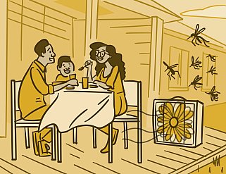 Illustration of a family eating outside using a fan to protect against mosquitoes.