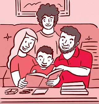 Illustration of family reading with child.