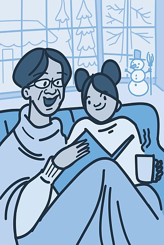 Illustration of a grandmother and granddaughter snuggling up under a blanket reading a book on a winter day.