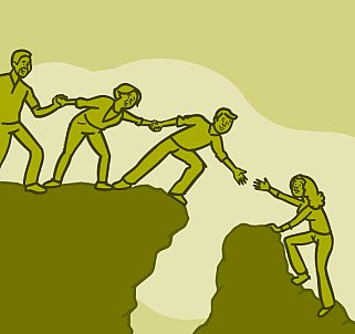 Illustration of a group of people helping a person over a crevice on a mountain