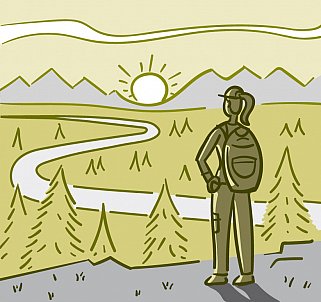 Illustration of a hiker watching a sunset from atop a mountain.