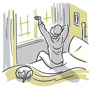 Illustration of a man arising from bed in the morning Illustration of a man arising from bed in the morning