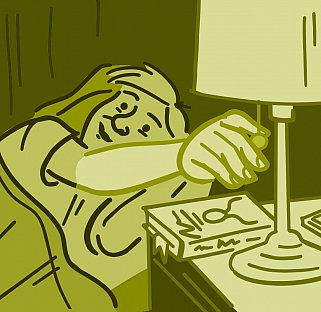 Illustration of man shutting off light and getting in bed