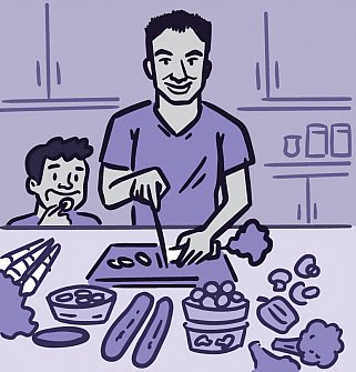 Illustration of a parent and child preparing a healthy meal together.