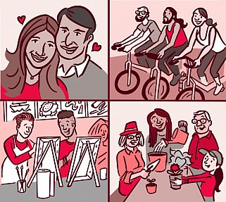 Collage of four illustrations of people making social connections