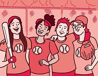 Illustration of a group of friends playing softball posing for a team photo.