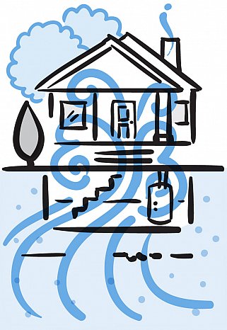 Illustration of swirling gas seeping from the ground into a basement and throughout a home
