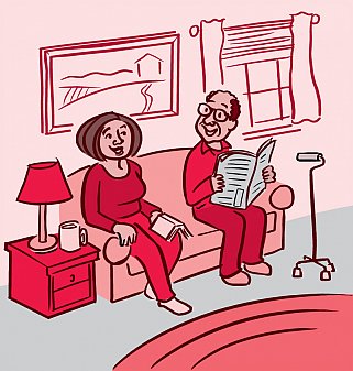 Illustration of a man and woman talking on the sofa