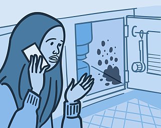 Illustration of a woman talking on the phone while looking at mold under the sink