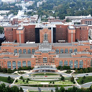 Aerial view of the Clinical Center (Building 10), NIH Campus, Bethesda, MD