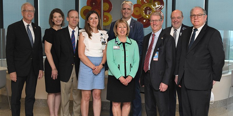 Dr. Larry Tabak traveled to the University of Kansas for a visit hosted by Senator Jerry Moran. Shown at an event celebrating a new cancer center are Senator Jerry Moran (far left), leadership from the University of Kansas and the University of Kansas health sytem, and Larry Tabak (far right). 