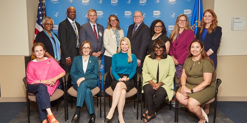 Nine members of Congress’ New Democrat Coalition visited NIH campus in July of 2023. Participants are (seated, from l) Rep. Madeleine Dean (D-PA), Rep. Andrea Salinas (D-OR), Rep. Brittany Petterson (D-CO), Rep. Terri Sewell (D-AL), Rep. Yadira Caraveo (D-CO); (standing) Dr. Marie Bernard, Dr. Alfred Johnson, Rep. Sean Casten (D-NJ), Rep. Hillary Scholten (D-MI), Dr. Lawrence Tabak, Rep. Nikema Williams (D-GA), Rep. Jennifer Wexton (D-VA) and Dr. Tara Schwetz.
