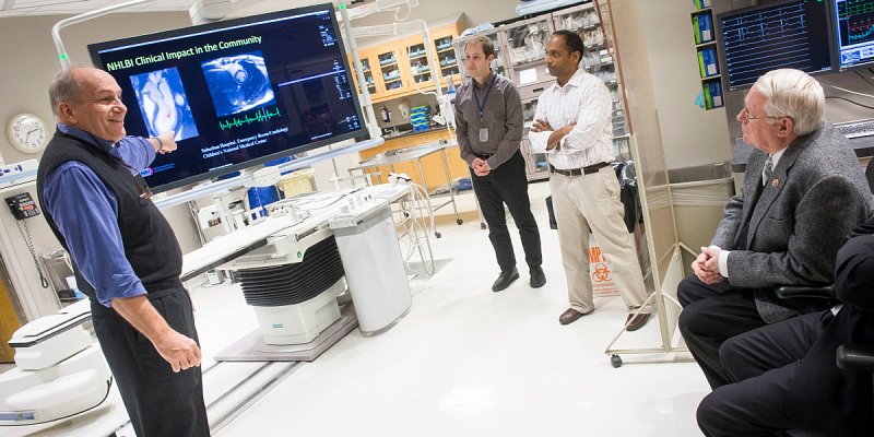 Former Rep. Joe Pitts (PA-16) with Dr. Robert Balaban, Director of the Division of Intramural Research, National Heart, Lung, and Blood Institute, demonstrating image-guided MRI procedures in the heart.