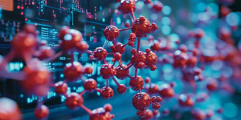 Illustration of a molecular structure emerging from a computer screen.