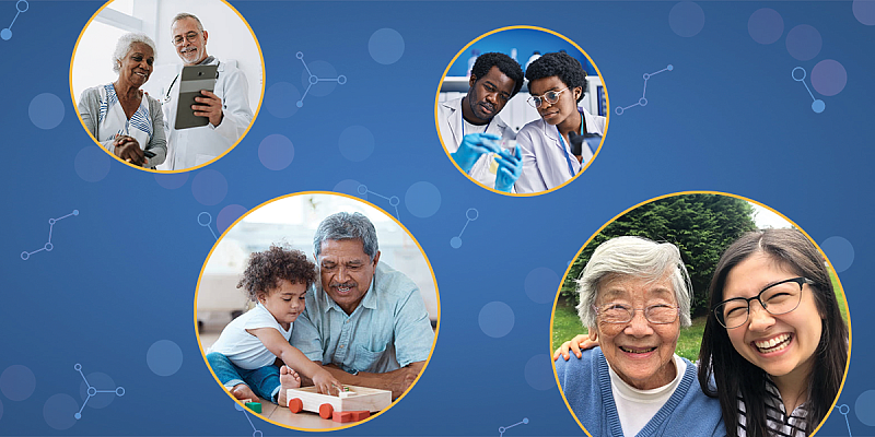 A blue background with four circles that feature researchers, a doctor and patient, an elderly woman with her granddaughter, and an older male adult with his grandson.