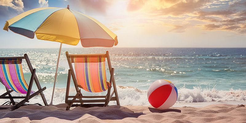 Sunny Beach, umbrella, beach ball, chairs