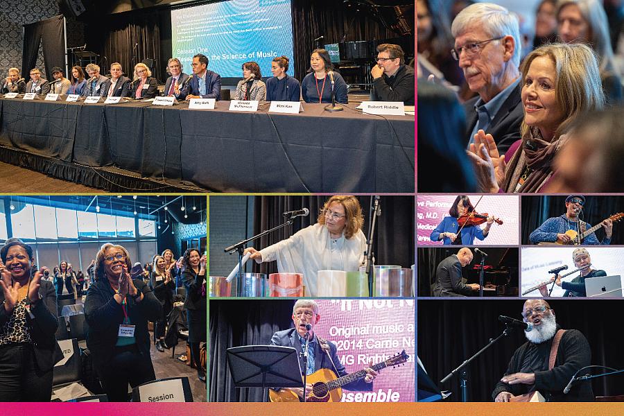 A collage of attendees and speakers participating in the December 14-15, 2024 Music as Medicine event. Panelists seated at a table; Dr. Francis Collins and Ms. Renee Fleming listen and clap from the audience; participants stand and clap; a musician perfor