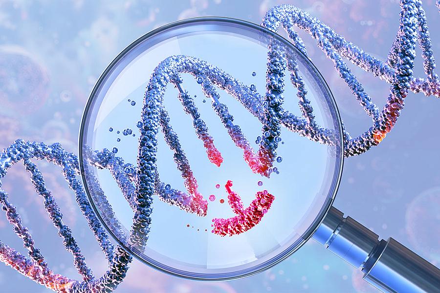 DNA double helix under a magnifying glass, symbolizing genetic engineering and gene manipulation. CRISPR technology, genome editing, molecular biotechnology, genetic science research, gene therapy. 