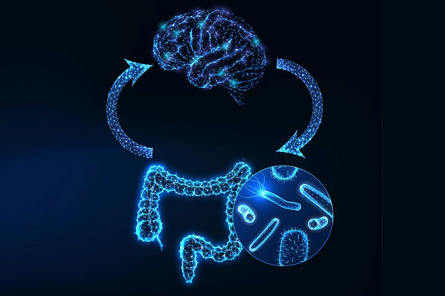 Futuristic illustration of microbiome’s role in gut-brain axis. 