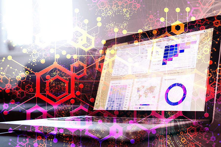 Image of a double exposure of computer and technology theme drawing.