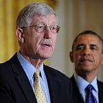 Photo of Dr. Francis Collins speaking as President Obama looks on.