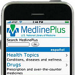 Image of an iPhone displaying the MedlinePlus mobile website.