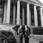 Congressman Melvin Laird (right) with NIH Director James Shannon in front of NIH’s main administration building. 