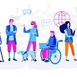 Illustration of people with different disabilities doing a variety of daily activities, including working, talking together, and walking a dog.