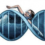 Girl swimming in a double helix.