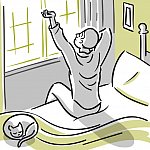 Illustration of a man waking up and stretching before a sun-filled window.