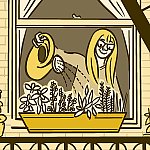 Illustration of a woman watering a container of plants on her windowsill.