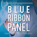 Blue Ribbon Panel text superimposed over a scientist manipulating a DNA model.