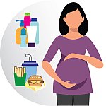 Illustration of pregnant female with beauty product and packaged fast food 
