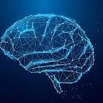 Illustrated white scaffold with nodes in the shape of a brain on a blue background. 