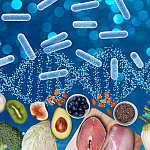 Common foods in foreground, blue background with light blue rod-shaped particles dispersed across the top, and double-helix shape across the middle.