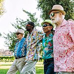 Four older men walking for exercise