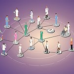 Illustration of various kinds of people standing on circles connected to each other representing a network