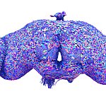 A colorful 3D rendering of a neuronal wiring diagram of the adult fruit fly brain.