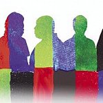 Silhouettes of people in diverse primary colors