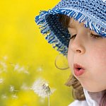 Photo of a girl blowing on a dandelion
