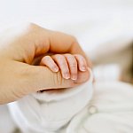 Photo of a newborn's fingertips held by an adult’s hand