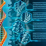 Illustration of a DNA double helix with insets showing close-up views of amino acids within.